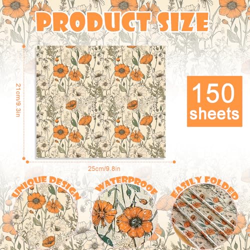 150 Sheets Wildflower Garden Floral Wax Paper - Greaseproof Deli Wraps