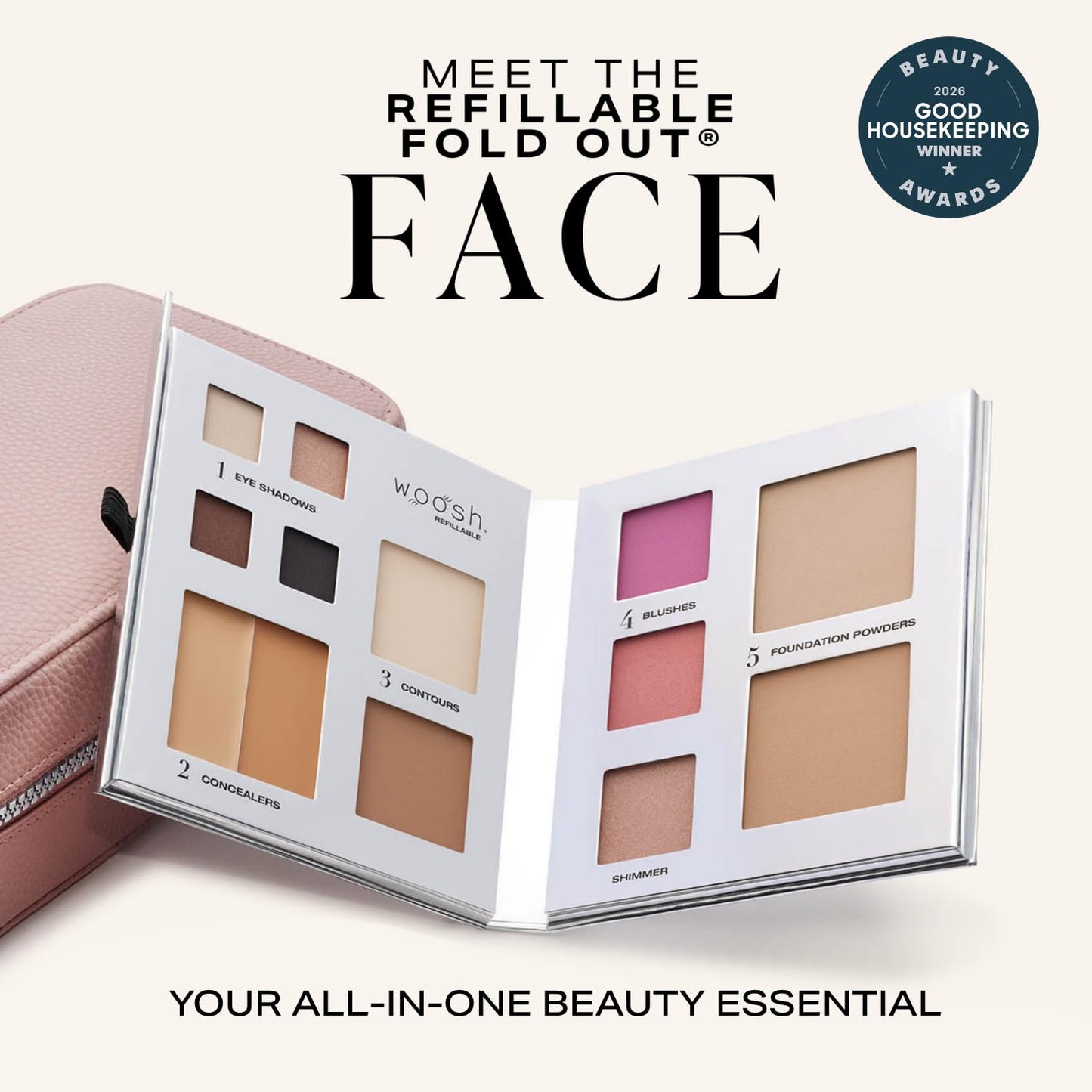 Woosh Beauty Fold Out Face Refillable Makeup Palette - All-in-One Kit with Foundation, Concealer, Blush & Eyeshadow | Silver
