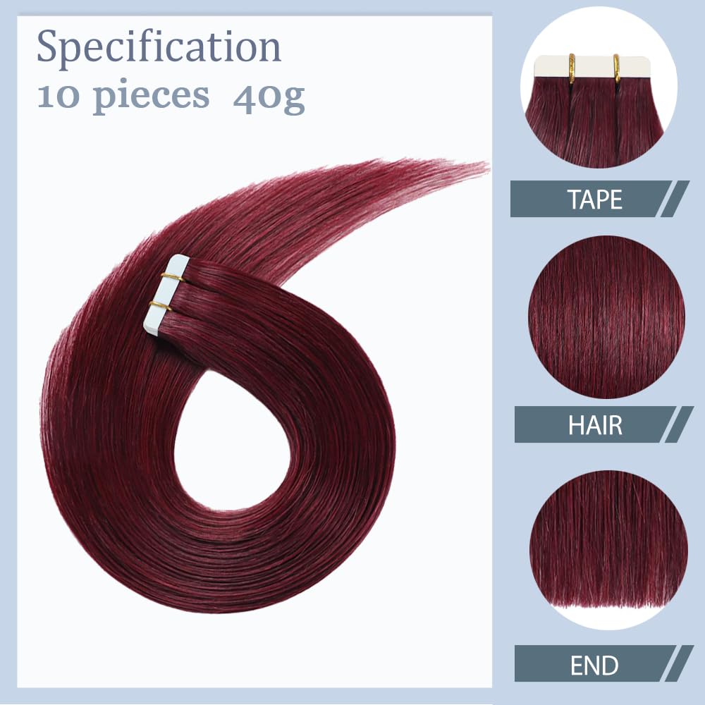 HuxoWax 20 Inch #99J Burgundy Red Straight Tape In Human Hair Extensions Double Weft Weave 10 Packs Total 40g Invisible Human Hair Tape In Extensions #99j Wine Red Color