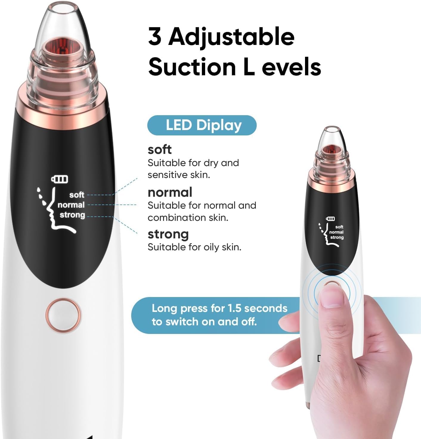 Blackhead Remover Pore Vacuum - Facial Pore Cleanser with 3 Suction Levels & 5 Tips | USB Rechargeable, White