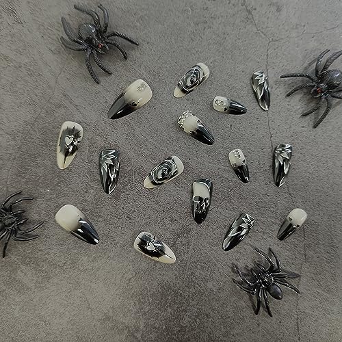 Goth Stiletto Press On Nails with Skull & Black Rose Design - 24 Pieces