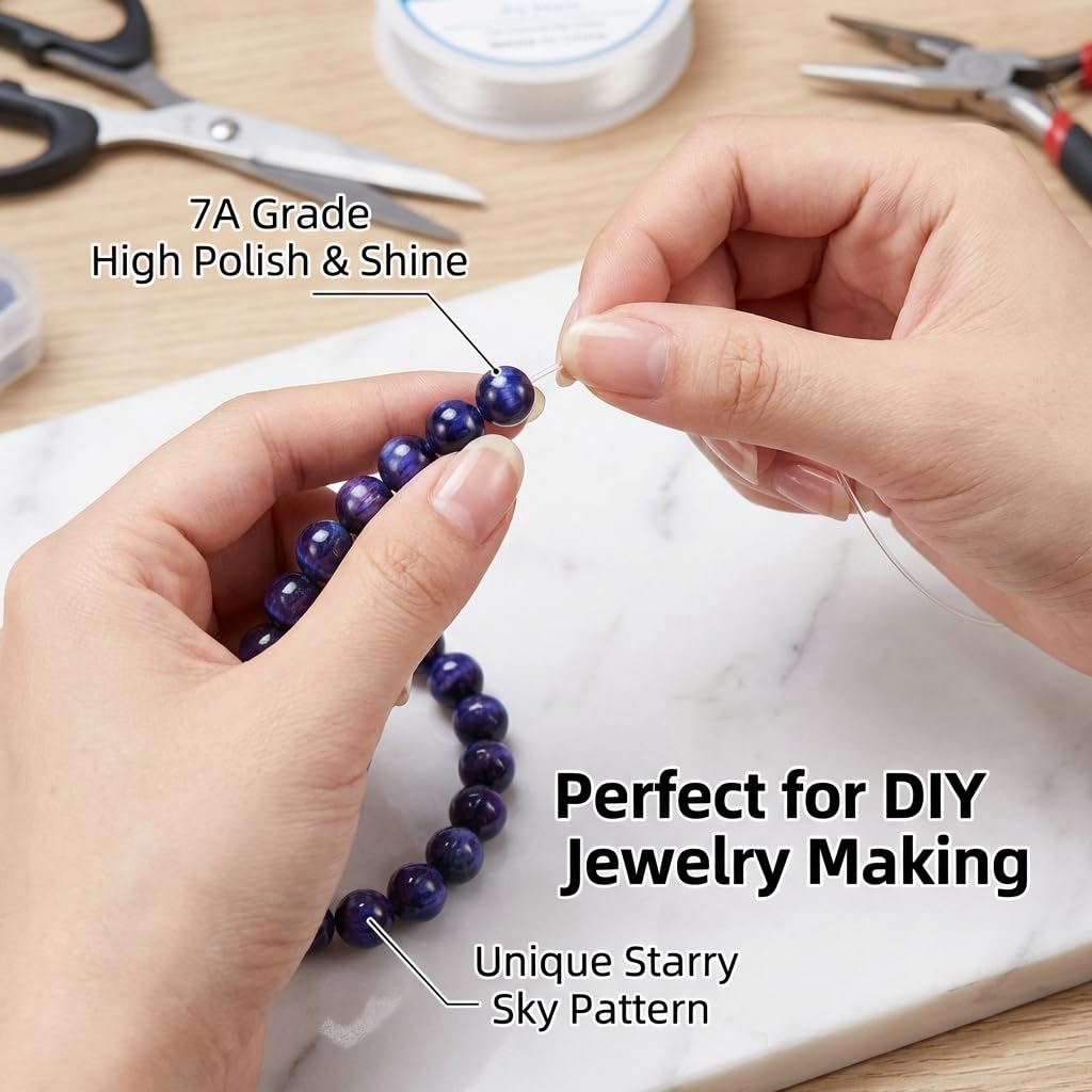 Gems for Crafting, 62pcs 6mm Natural Tiger Eye 7A Grade Polished Starry Sky Blue Tigers Beads Smooth Round Eye of The Tiger for DIY Gothic Jewelry Bracelet Necklace Making Men and Women