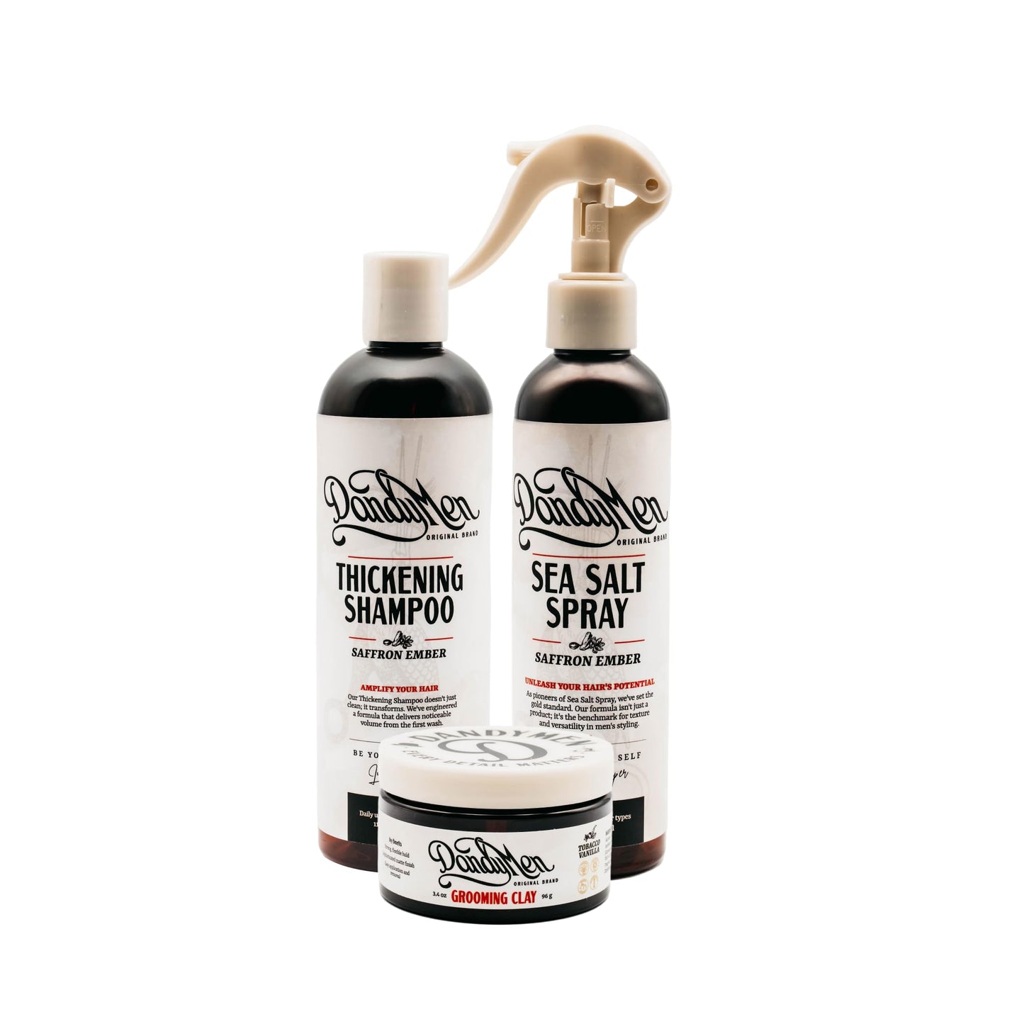 DandyMen Full Volume Hair Set for Men – Thickening Shampoo, Sea Salt Spray & Grooming Clay – 3-Step Styling Kit for Volume, Texture & Hold (Saffron Ember)