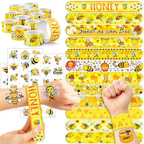 72PCS Bee Party Favors Set with Temporary Tattoos & Slap Bracelets for Kids