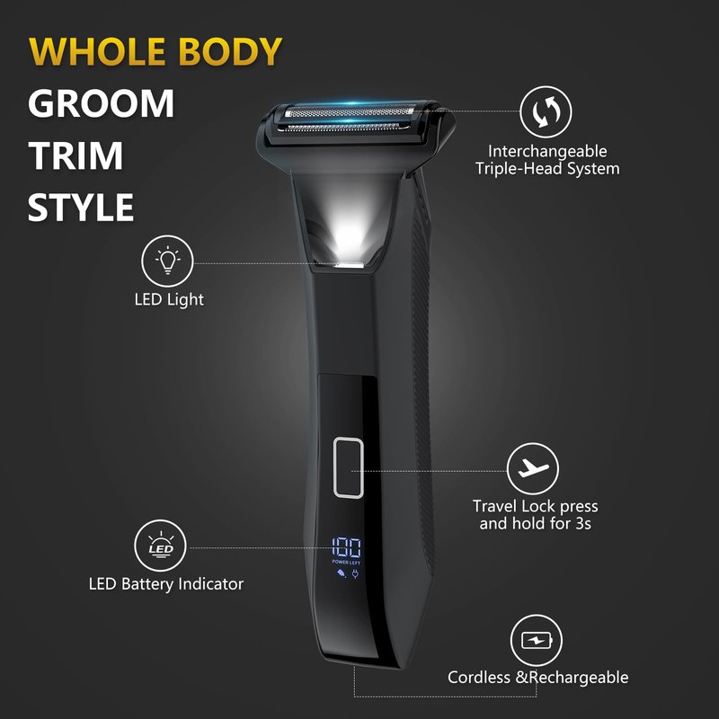 Bomic Manscape 3-in-1 Body Trimmer for Men, Groin, Pubic & Ball Hair Shaver No-Nick, Nose Hair Trimmer, Body Groomer for Smooth Shaving, Lightweight with Travel Lock, LED Display, IPX7 Waterproof
