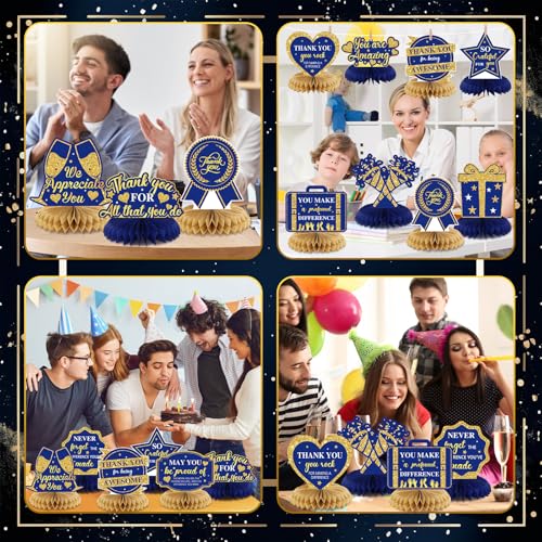 12 Pcs Thank You Honeycomb Centerpieces - Blue & Gold Table Decorations