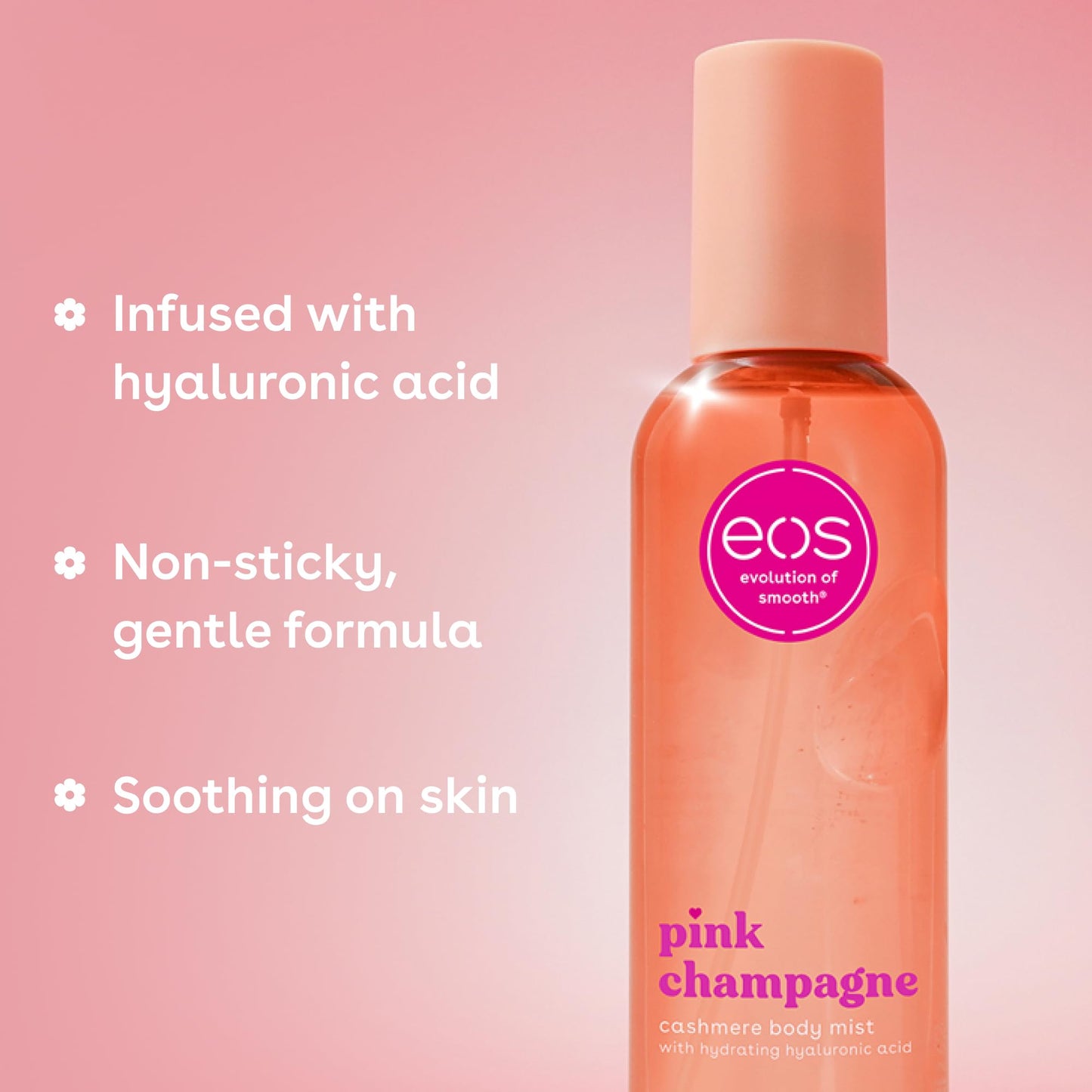 eos Cashmere Body Mist, Pink Champagne, Body Spray for Women, Hair Mist, Moisturizing Formula with Hyaluronic Acid and Glycerin, Vegan, Cruelty-Free, 6 fl oz
