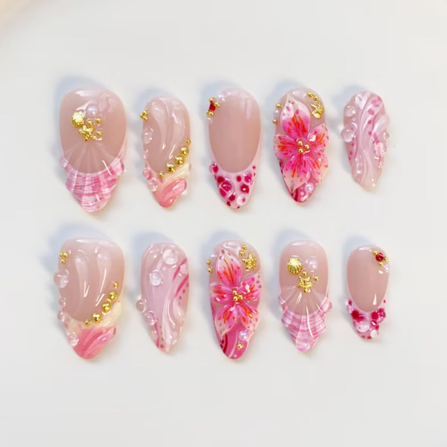 Almond Press On Nails - 30Pcs Medium Fake Nails with 3D Floral Art | Red French Gradient Acrylic for Women