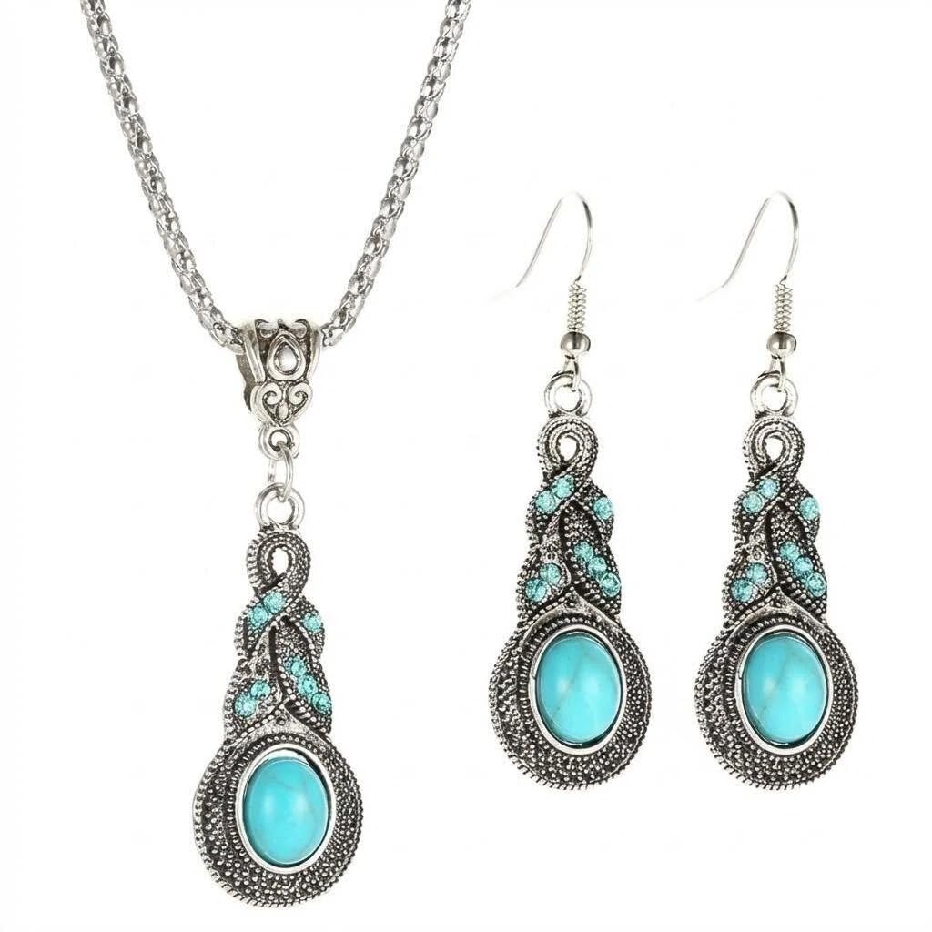 2-Piece Turquoise Style Jewelry Set for Women – Vintage Western Necklace and Drop Earrings – Boho Teal Statement Accessories