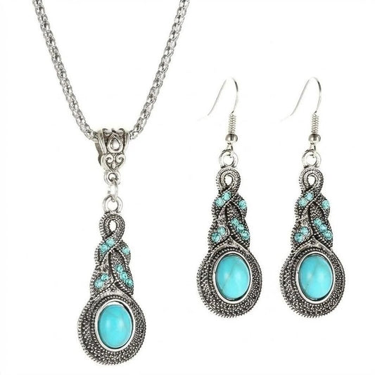 2-Piece Turquoise Style Jewelry Set for Women – Vintage Western Necklace and Drop Earrings – Boho Teal Statement Accessories