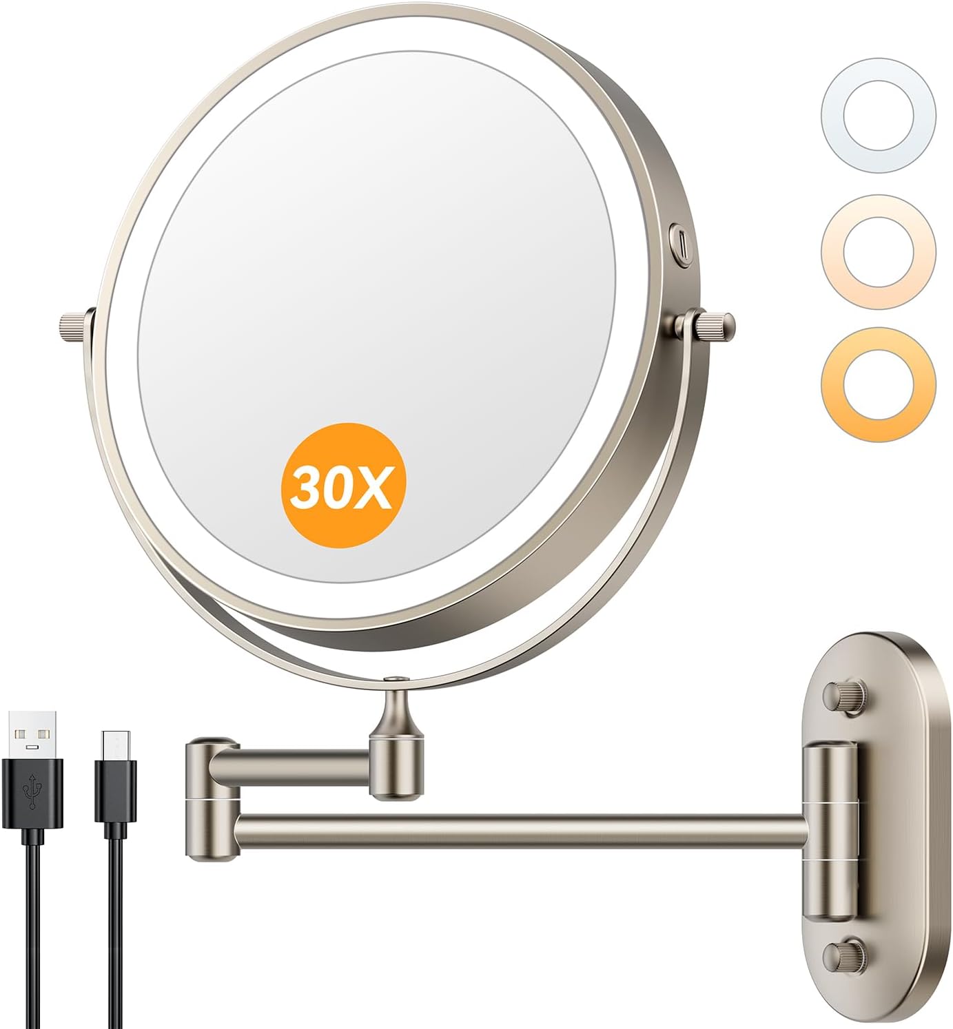 Lighted Makeup Mirror - 1X/30X Double-Sided Magnifying Mirror with 3 Color Touch Dimmable Lights | 8" Rechargeable, 360° Rotating Arm, Brushed Nickel