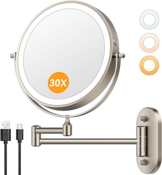 Lighted Makeup Mirror - 1X/30X Double-Sided Magnifying Mirror with 3 Color Touch Dimmable Lights | 8" Rechargeable, 360° Rotating Arm, Brushed Nickel