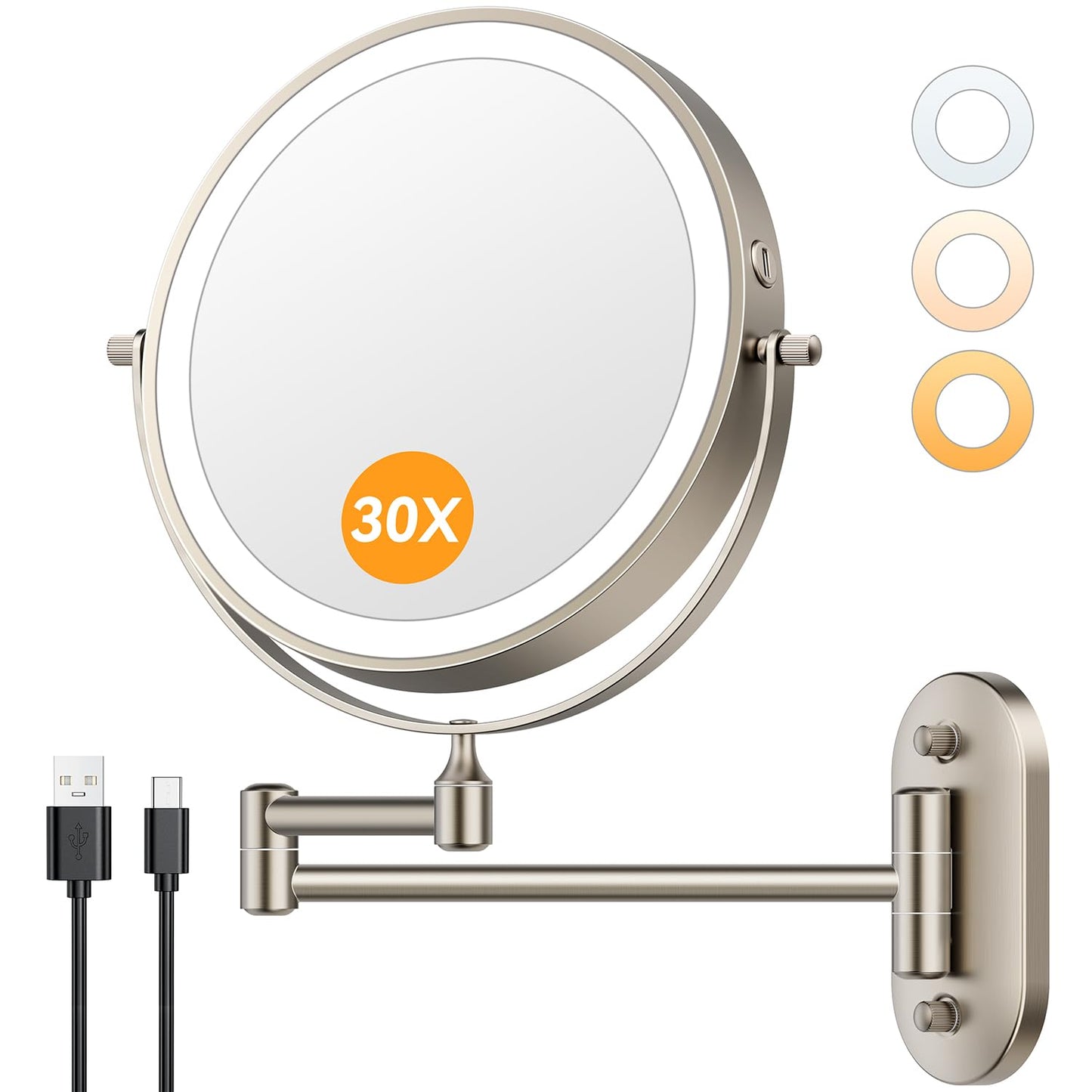 Auxmir 1X/30X Wall Mounted Lighted Makeup Mirror, 8" 3200 mAh Rechargeable Double-Sided Magnifying Mirror, Touch Dimmable 3 Color Lights, 360° Rotating Foldable 14.5" Extension Arm, Brushed Nickel