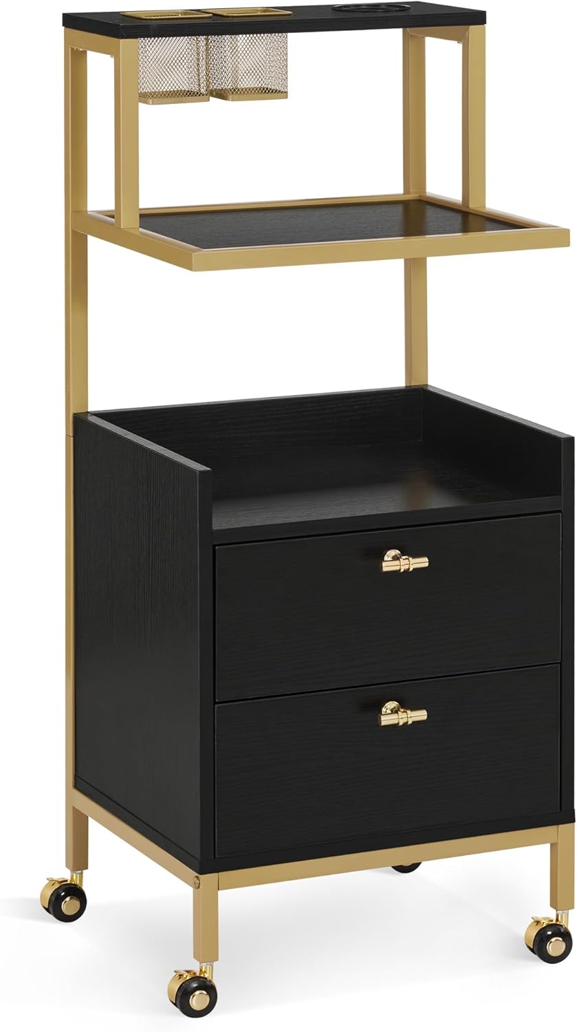 Rolling Salon Cart for Hair Stylists - Barber Trolley with Metal Tool Holder & Storage Drawers | Large Black
