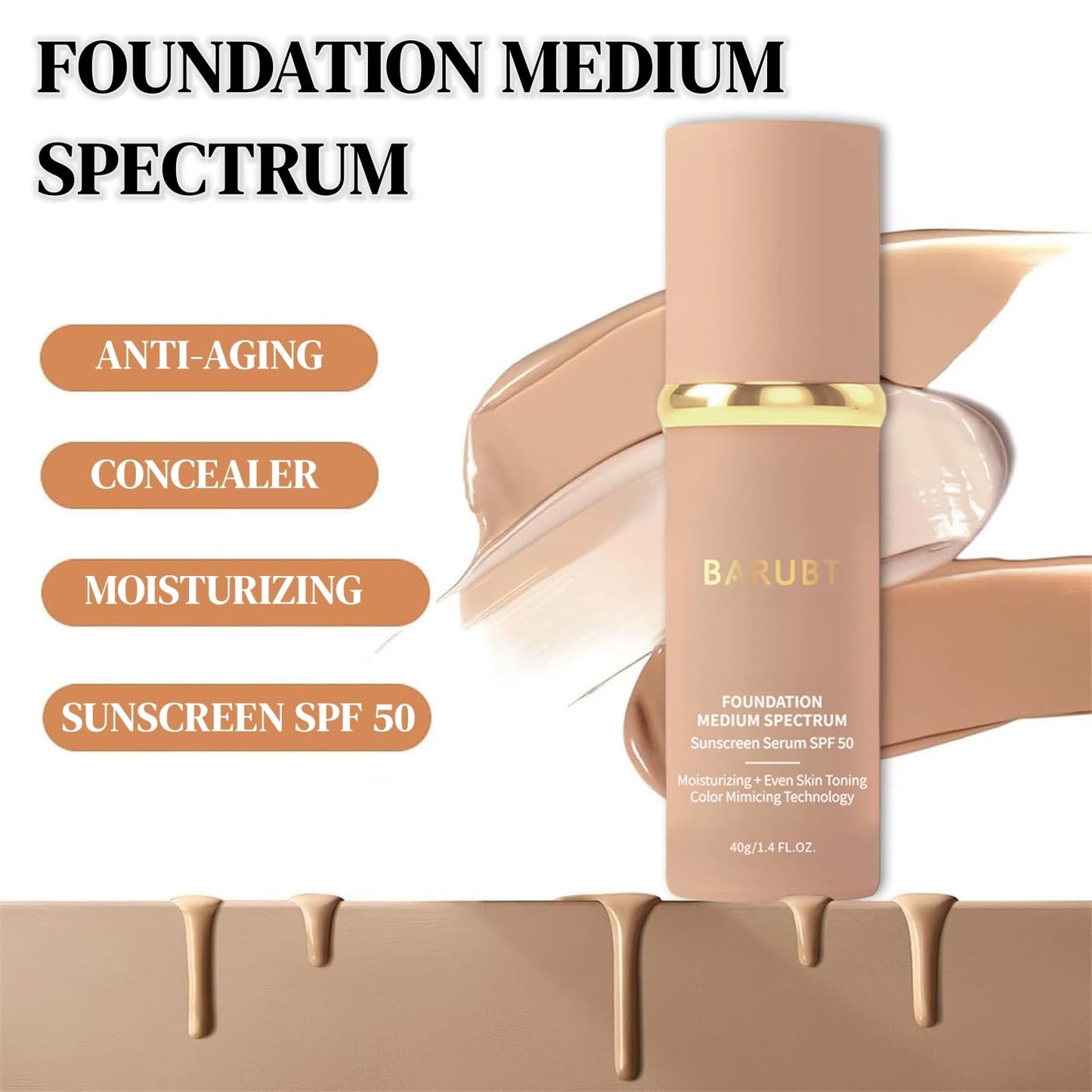 BARUBT 4 in 1 Color Changing Foundation - Medium Spectrum, Evening Skin Tone, Long-Lasting & Waterproof, Hydrating Concealer with Medium to Full Coverage, Lightweight Flawless Finish Makeup 1.4 Fl.Oz.