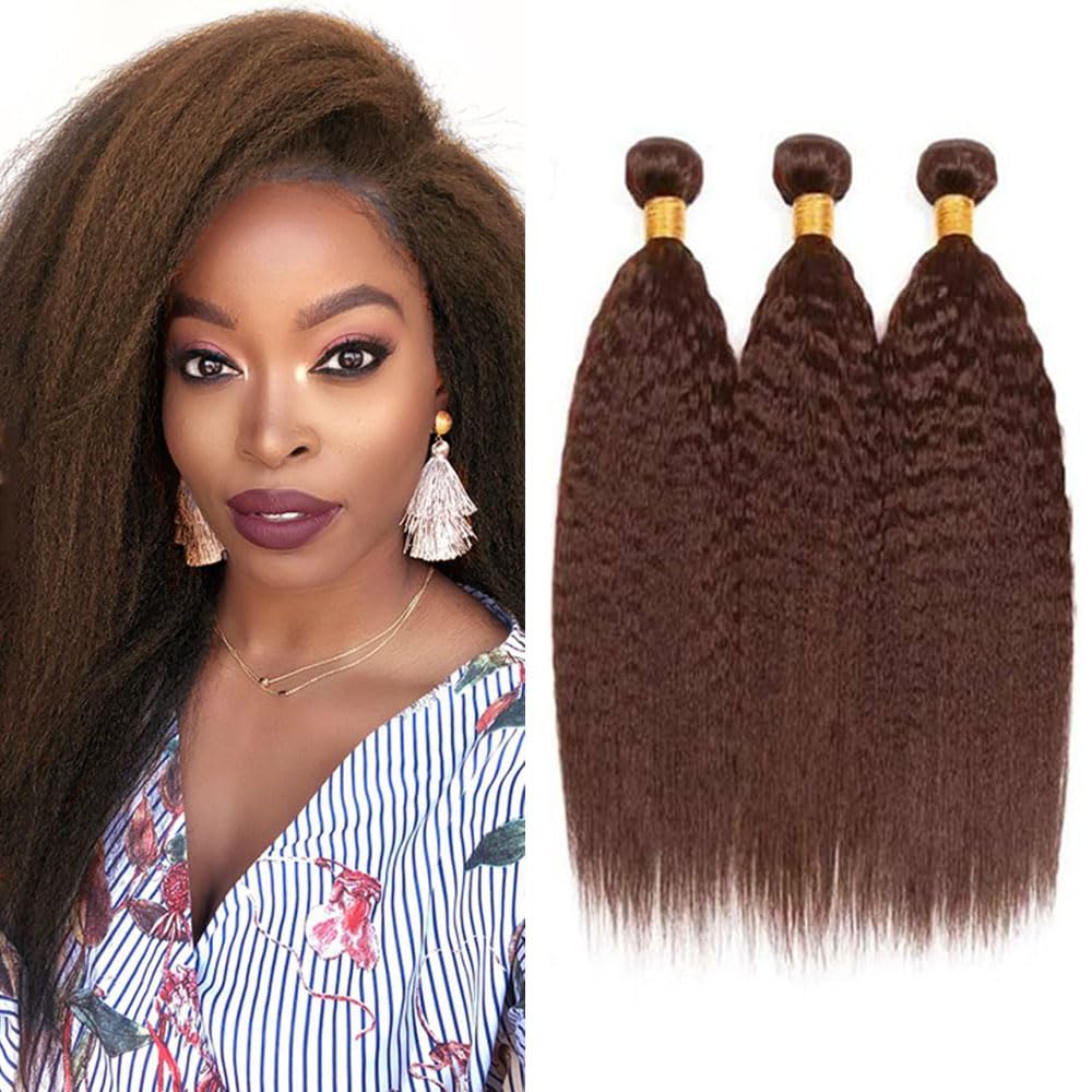 #4 Brown Bundles Human Hair Yaki Straight Bundles 20 22 24 Inch Chocolate Unprocessed Brazilian Virgin Hair Deals Quick Weave Hair Extensions 3 Bundle 50 Gram Per Bundle
