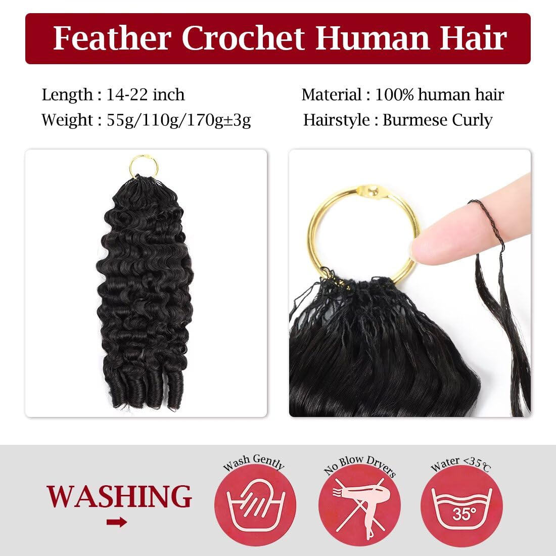 Miracle Invisible Knots Feather Human Crochet Hair 18 Inch 55g Pre-Looped 100% Human Hair for Burmese Curly (Barrel End) Tight & Defined Spiral Seamless Knotless Soft Crochet Hair for Black Women (1B)