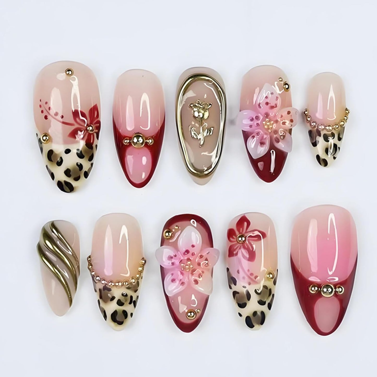 3D Press On Nails - Almond Medium Floral & Gold Bead Designs | Leopard Print French Tip, Glossy Acrylic, 30 Pcs