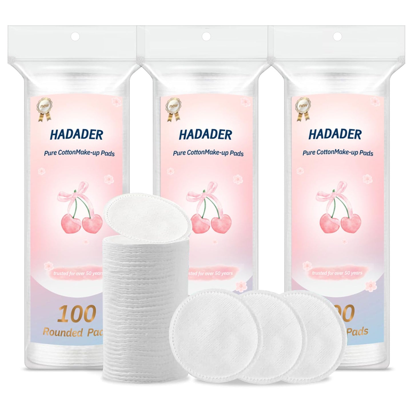 HADADER Cotton Rounds (300 Count) Makeup Remover Pads, Hypoallergenic, Lint-Free | 100% Pure Cotton