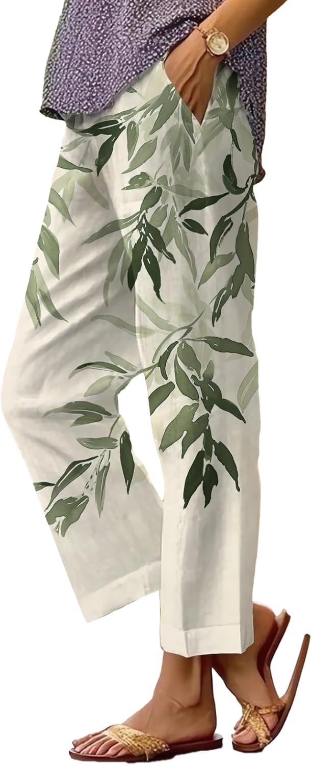 Women's Boho Floral Wide Leg Capris - Elastic Waist, Loose Fit Beach Pants | Casual Summer Trousers