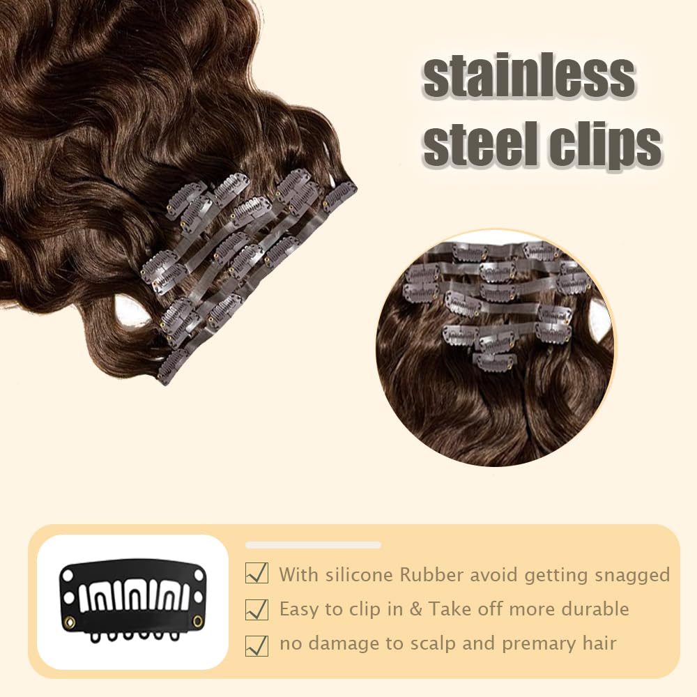 #4 Brown Clip in Hair Extensions Real Human Hair,18 Inch 120g/7Pcs,Full Shine Dark Brown Remy Human Hair,Chocolate Brown Body Wave Clip ins Brazilian Hair Extensions