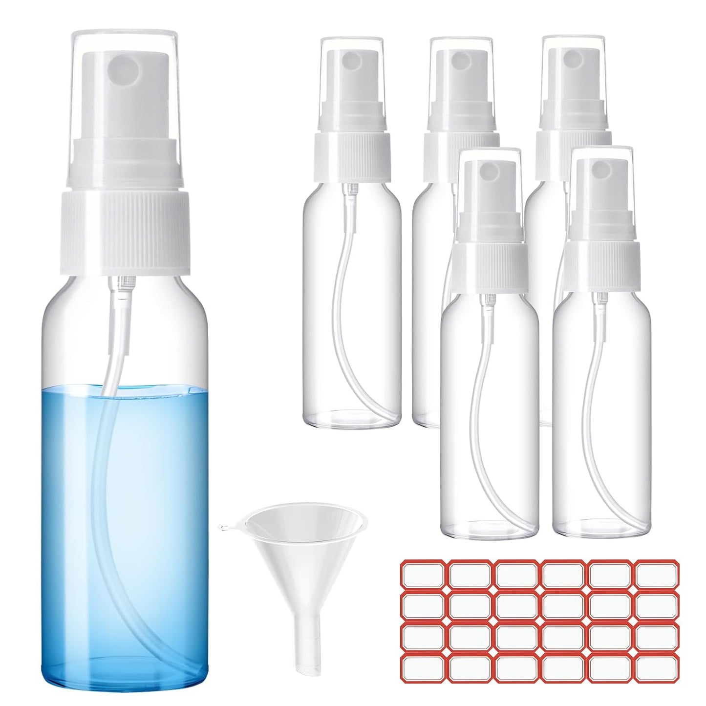 Clear Empty Spray Bottles - 2oz Fine Mist Travel Bottle Set with Funnels & Labels | 6 Pack