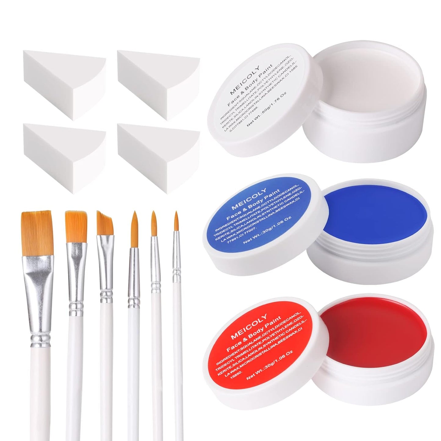 Red White Blue Face Body Paint Set - 4th of July Patriotic Makeup with Brushes & Sponges