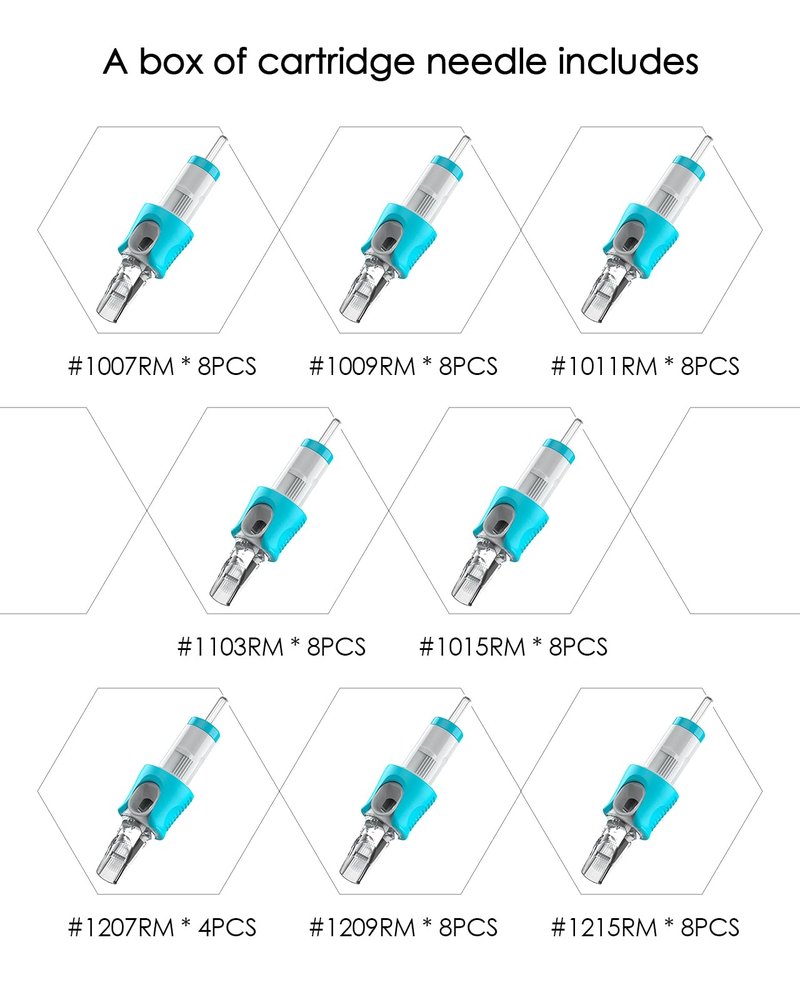 60 Assorted Tattoo Needles Cartridge Mixed Size #10 Bugpin Round Magnum 7RM 9RM 11RM 13RM 15RM and Size #12 Standard Round Magnum 7RM 9RM 15RM Disposable Membrane 8PCS Each Size EN05S-BFG-60KIT-T
