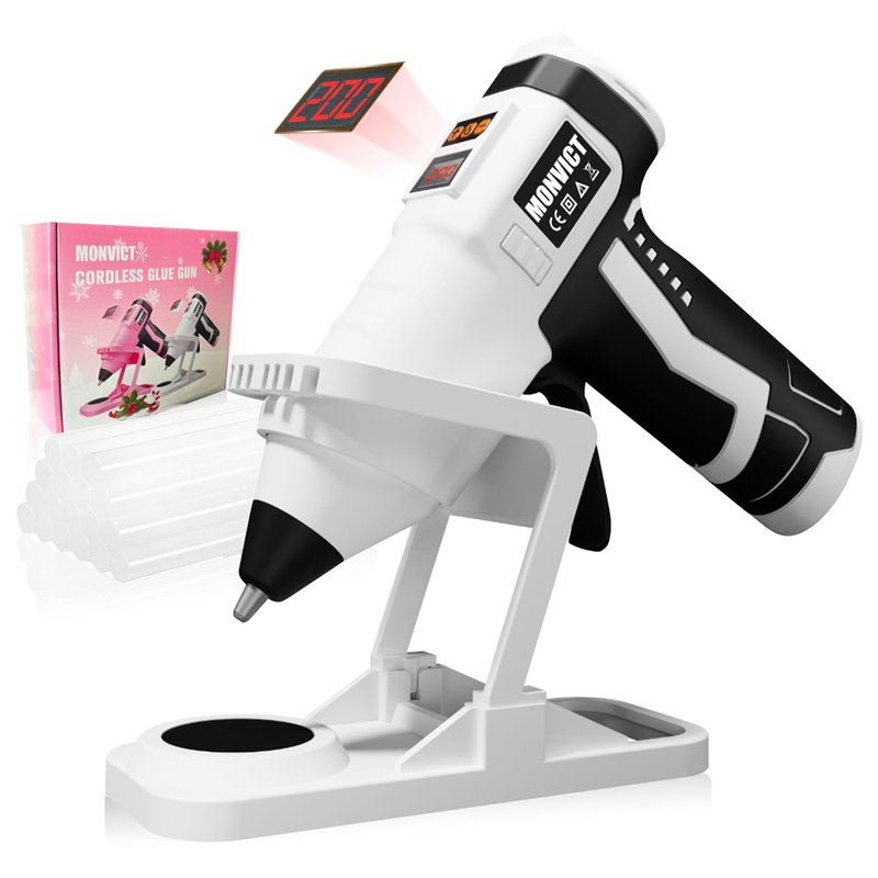 MONVICT Cordless Hot Glue Gun with Holder Base - Digital Display & Adjustable Temp, Smart Auto-Off, Stand with Silicone Pad, 7.4V 2.6A Rechargeable Battery, 10 Glue Sticks, Fast Heating for DIY Crafts