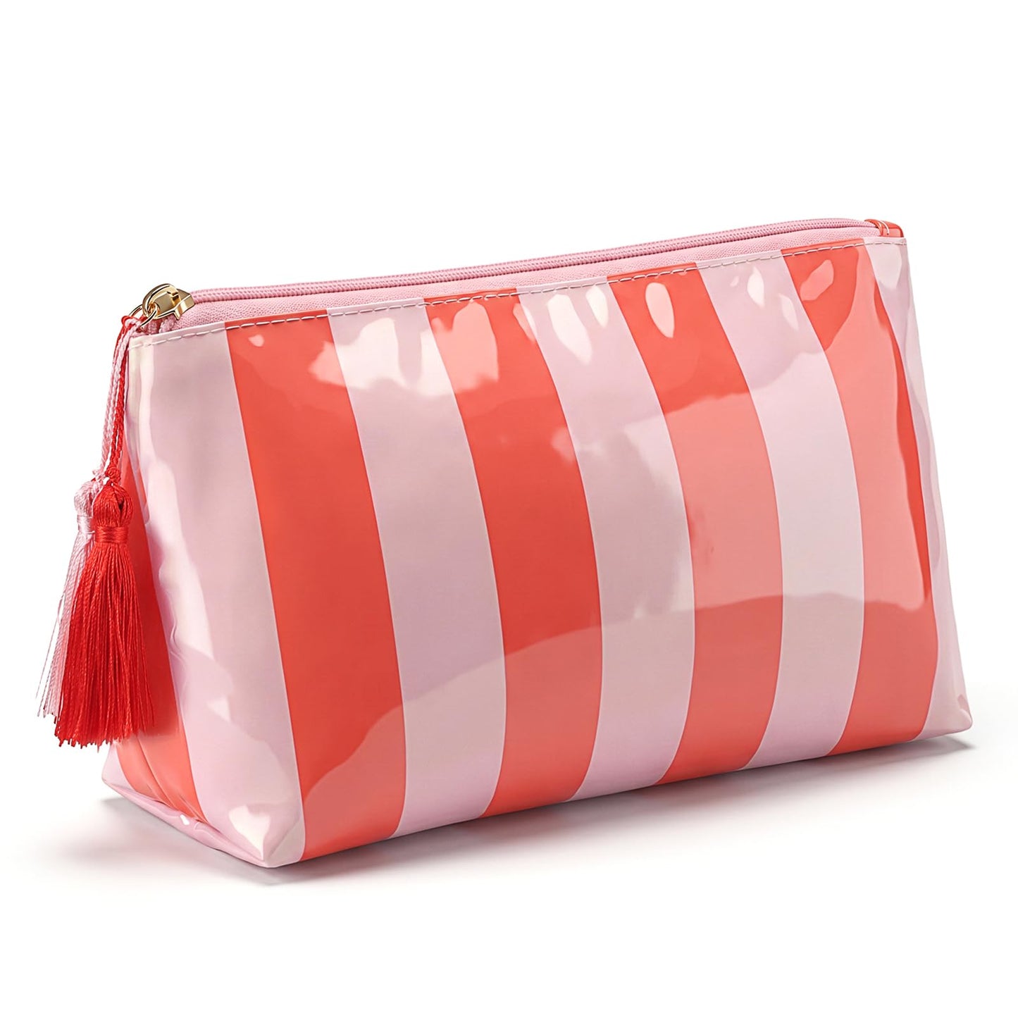 Yykazqe Striped Makeup Bag, PVC Waterproof Cosmetic Bag for Purse, Orange Travel Cosmetic Bags for Women