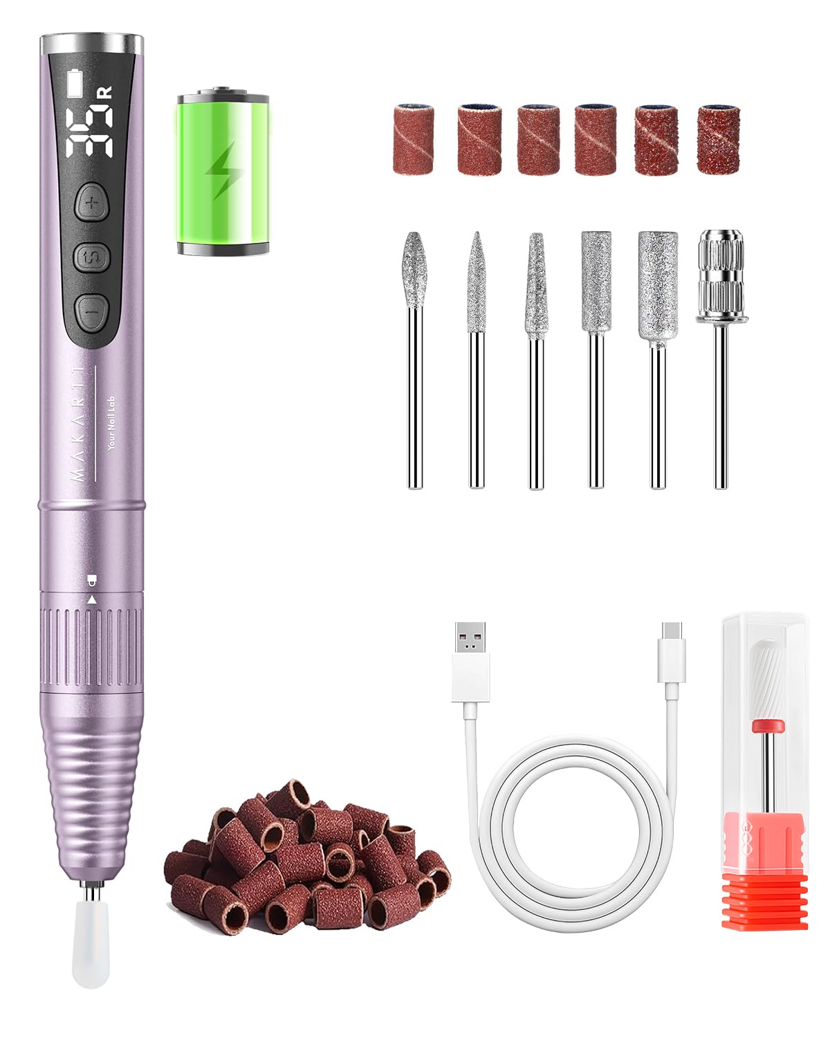 Rechargeable Nail Drill - 25,000 RPM Cordless Electric File with 5-Speed LED Display | Lightweight & Quiet E-File Kit for Gel Polish Removal (Gold)
