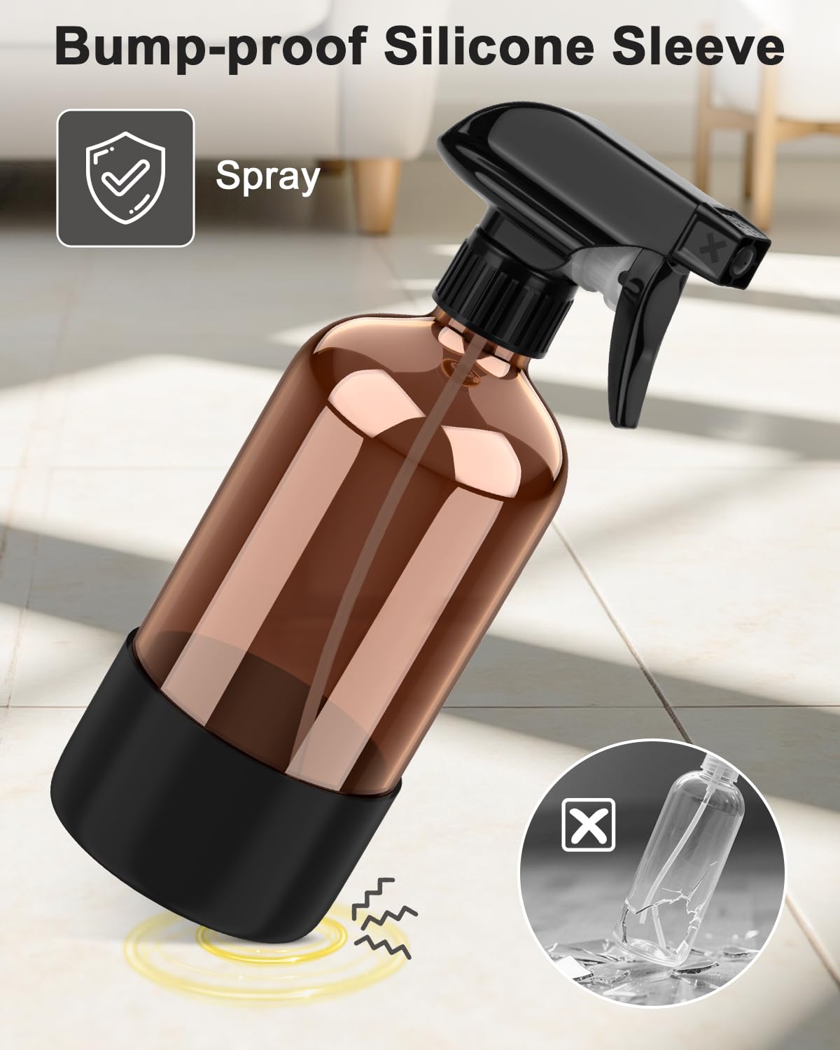 Bontip Amber Glass Spray Bottle with Silicone Sleeve Protection, 16 oz Refillable Spray Bottles for Cleaning Solutions, Plants, Aromatherapy, Facial Hydration (1, Black, 16 oz)