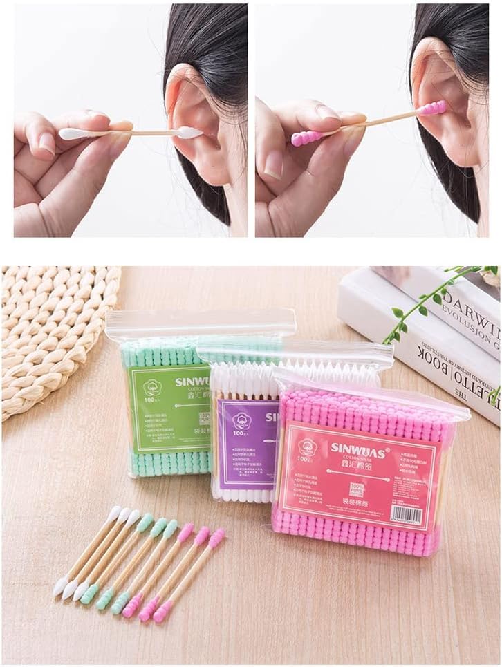 200 Pcs Pink Double Head Cotton Swabs - Ear Cleaning & Makeup Remover Buds | Spiral Cotton Heads