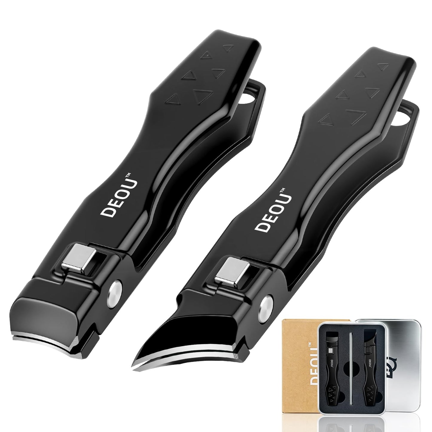DEOU Nail Clippers Set, Stainless Steel Manicure Kit for Thick Hard Ingrown Nails, Anti-Splash with Nail File, Portable Keyhole Design, Gift Box for Home Travel (Black, Diagonal Cut + Straight Cut)