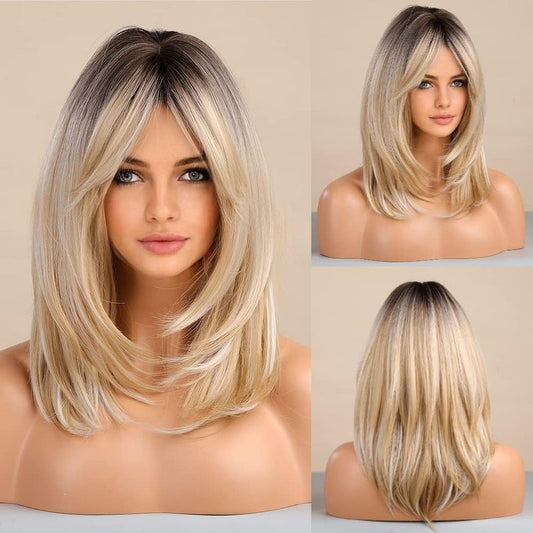 Long Layered Blonde Wig - Synthetic Hair with Bangs | Natural Wavy, Heat Resistant for Daily & Party Wear