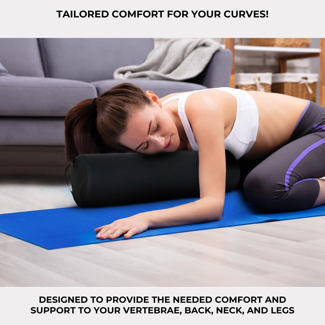 Full Round Bolster Pillow - Black Oil & Stain-Resistant Massage & Yoga Cushion | 6” R x 26” L