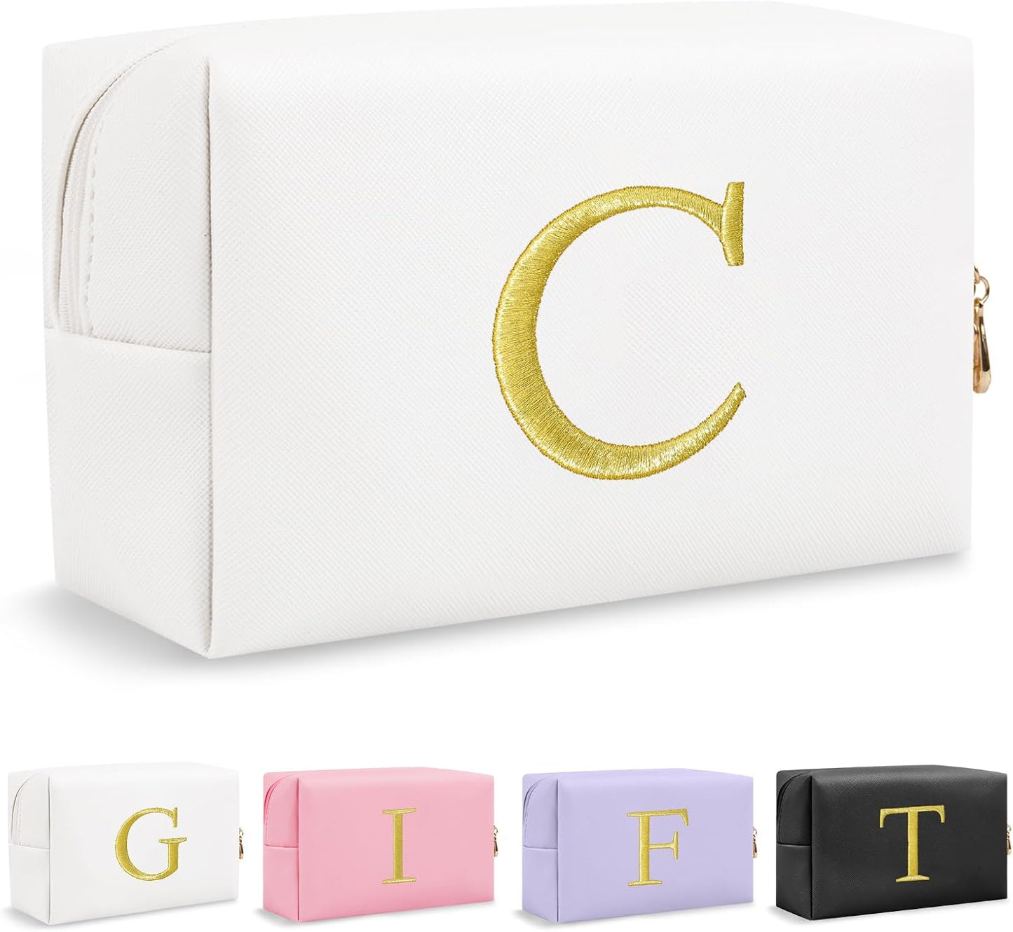 Personalized Initial Makeup Bag - Gold Embroidered Cosmetic Bag for Teens | Custom Travel Toiletry Bag (Black)