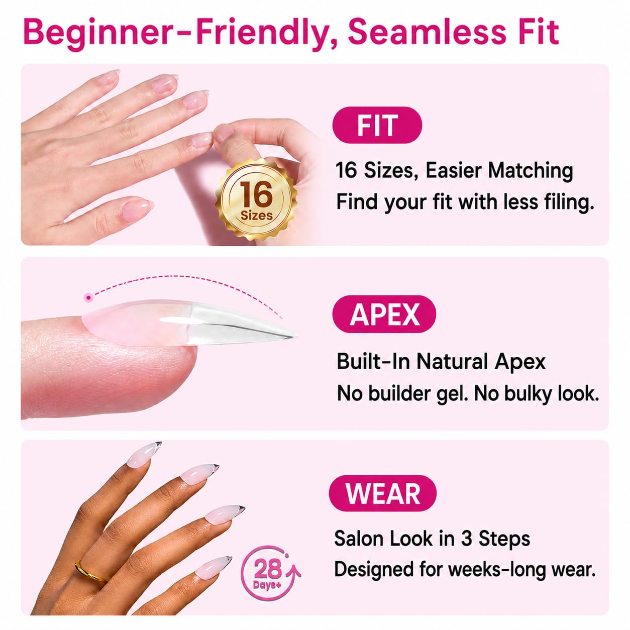 Beetles Nail Tips - Medium Stiletto Apex for DIY Extensions | 16 Sizes 00-14, No Builder Gel Needed