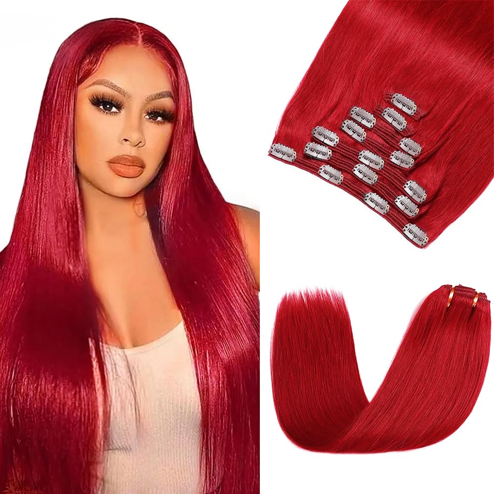 Red Clip in Hair Extensions Real Human Hair,14 Inch 120g/7Pcs,Full Shine Bright Red Hair,Wine Red Straight Clip ins Brazilian Virgin Human Hair Extensions