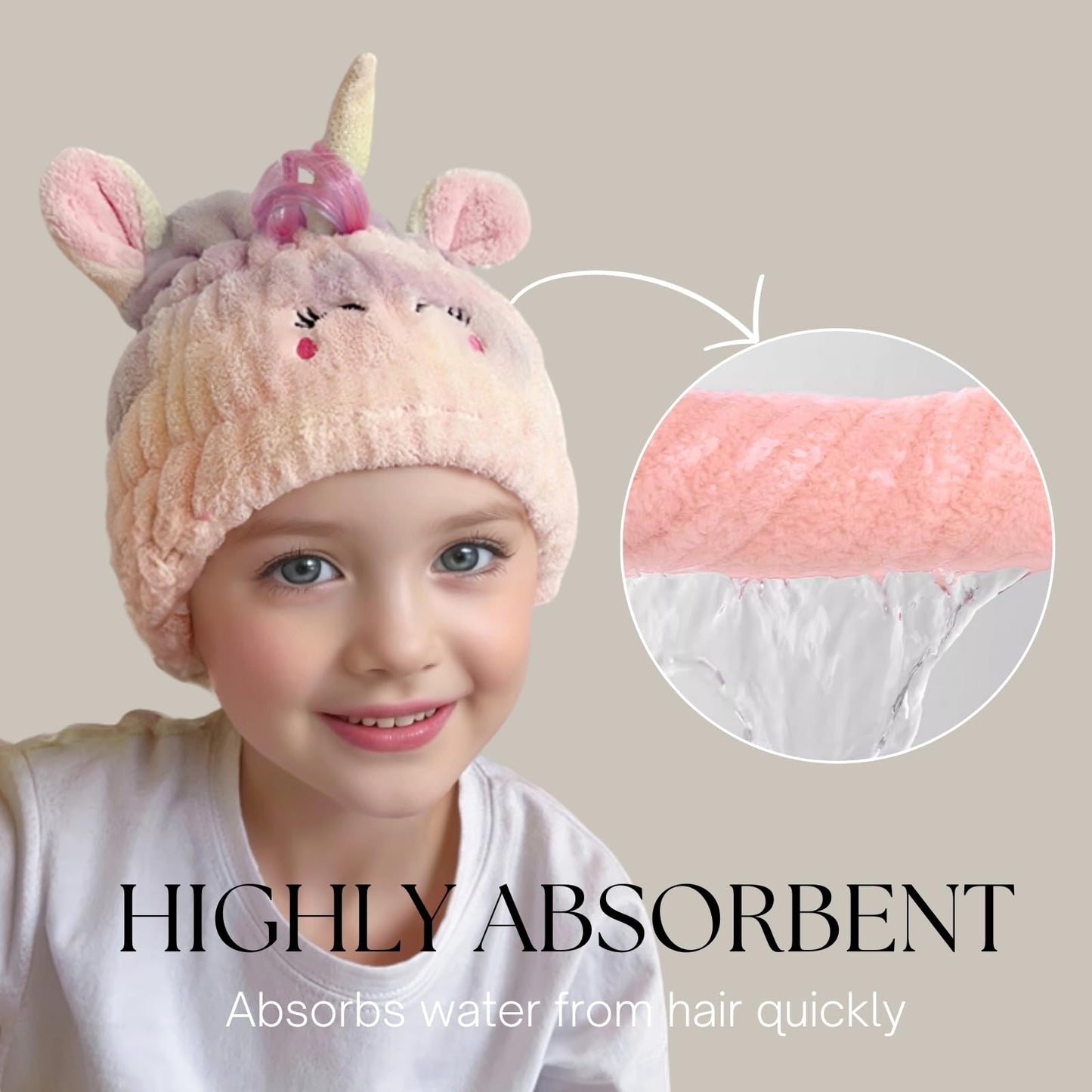 LCBD Microfiber Hair Towel Wrap for Kids, Unicorn Dry Hair Cap Suck Water, Absorbent Quick Girls Boys Hair Drying Towel, Lightweight Bouncy Hat Headscarf for Wet Hair