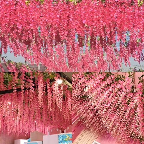 Artificial Wisteria Hanging Flowers - 12 Pack Dark Pink Silk Vines