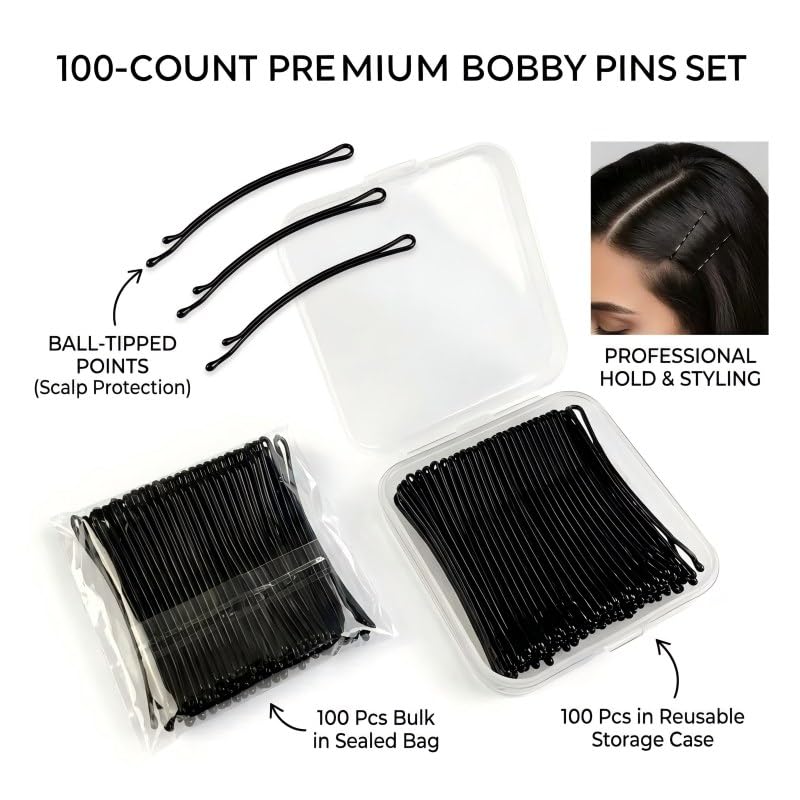 Curved Bobby Pins - 100PCS 2.2-Inch Super Grip Black Hair Clips | Reusable for Thick Hair