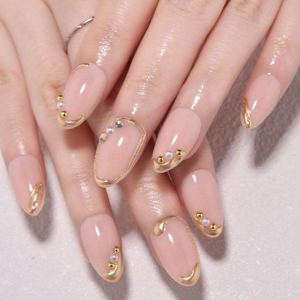 3D Gold Line French Tip Press-On Nails - Short Almond Glitter Light Nude | Handmade Acrylic Nails with 3D Pearl Designs