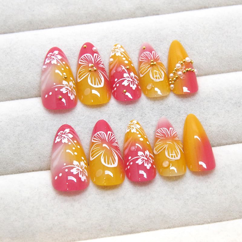 3D Embossed Hibiscus Press On Nails - Orange Pink Gradient, 24pcs