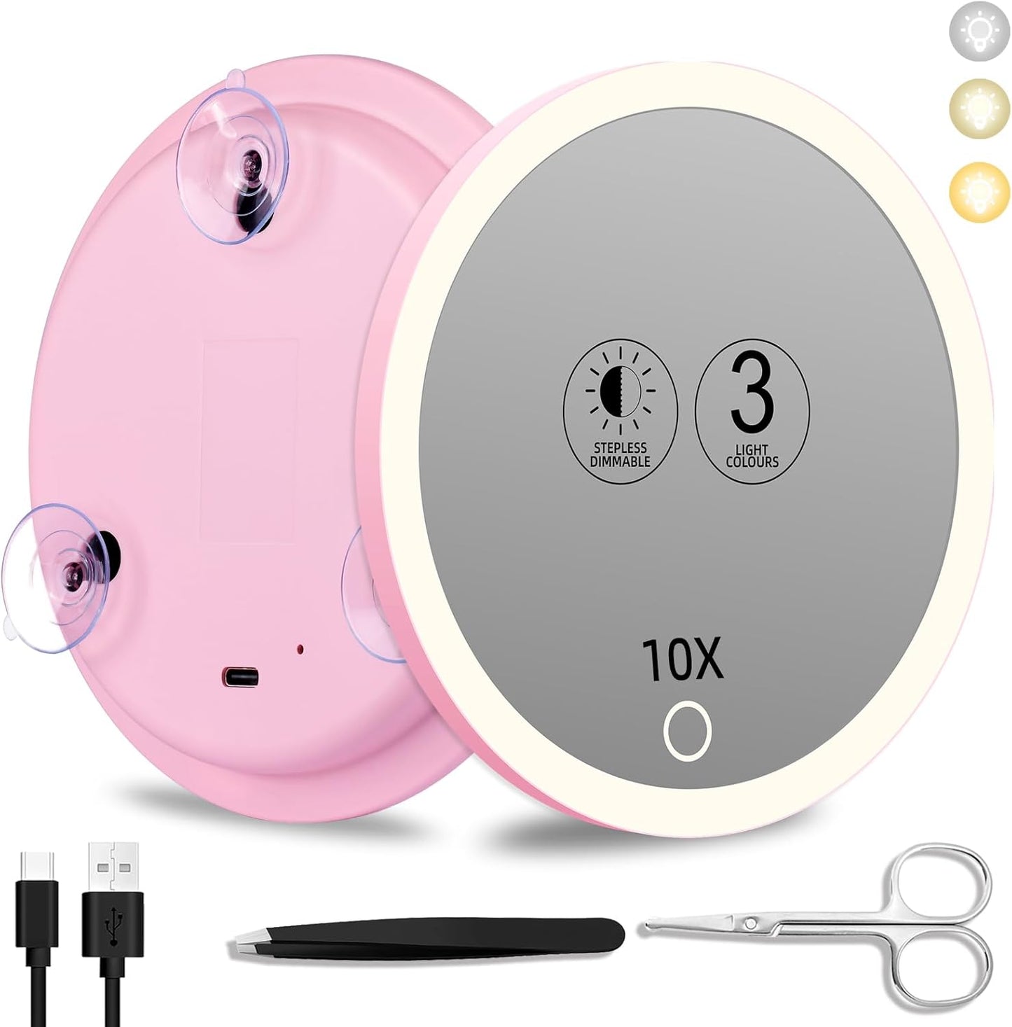 Lighted Magnifying Mirror - 10x Magnification, Rechargeable, 6'' | Suction Cups, 3 Colors Dimming Light, Tweezers & Scissors