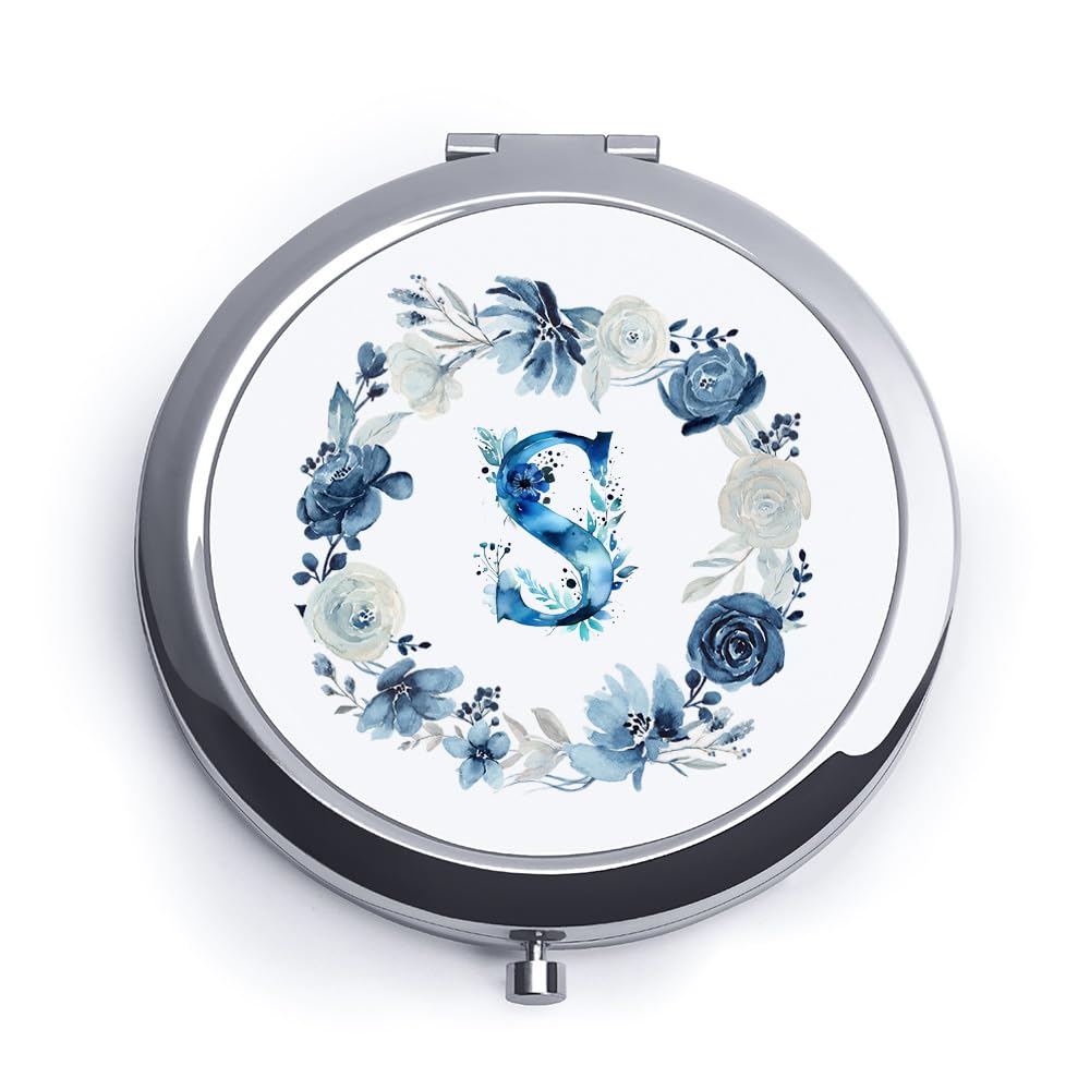 QUSTGO Personalized Gift for Women Girls Her, Custom Gifts for Adult Teen, Floral Monogram Alphabet Initial Compact Mirror for Birthday, Graduation, Mothers Day, Basket Stuffers