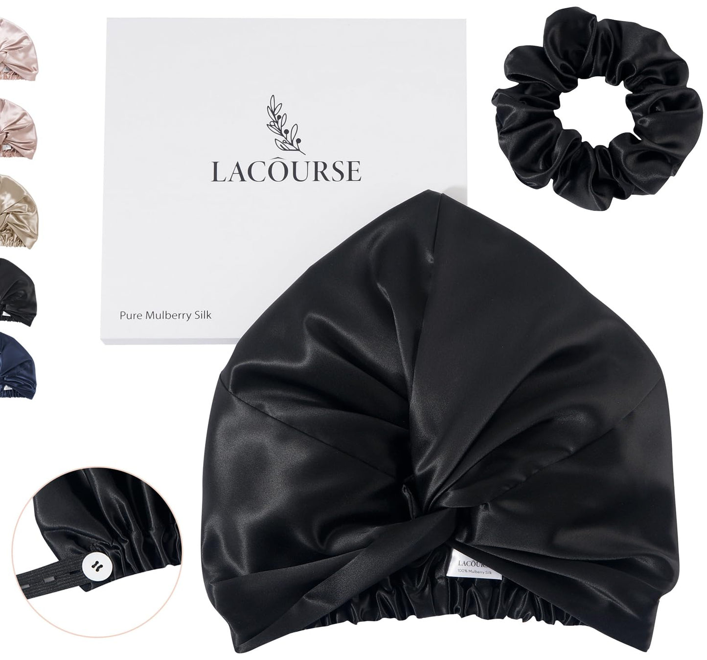LaCourse Anti-Slip Adjustable Real 22 Momme 100% Mulberry Silk Bonnet with Scrunchie for Sleeping Women, Double-Layered Silk Hair Bonnet for Curly Hair, One Size (21-24 inch Head Size), Black