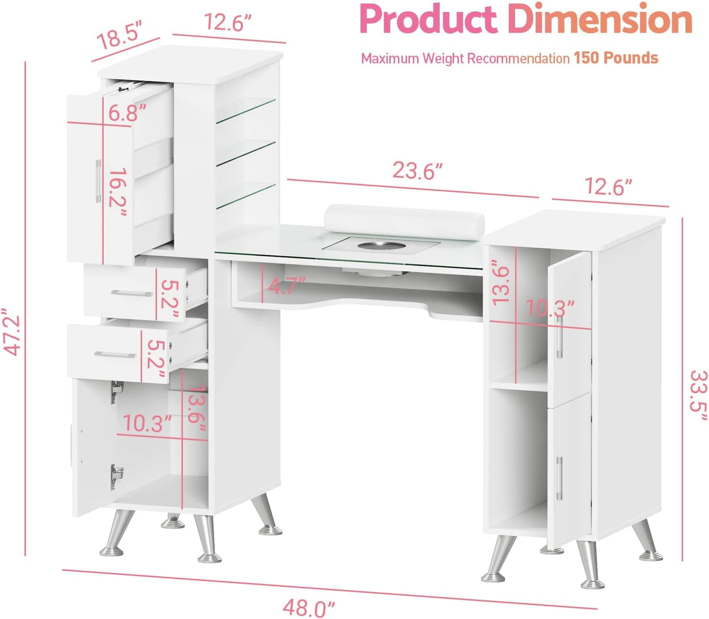 Manicure Table - Nail Station with Glass Top, Dust Collector & Storage Drawers | White Beauty Salon Workstation