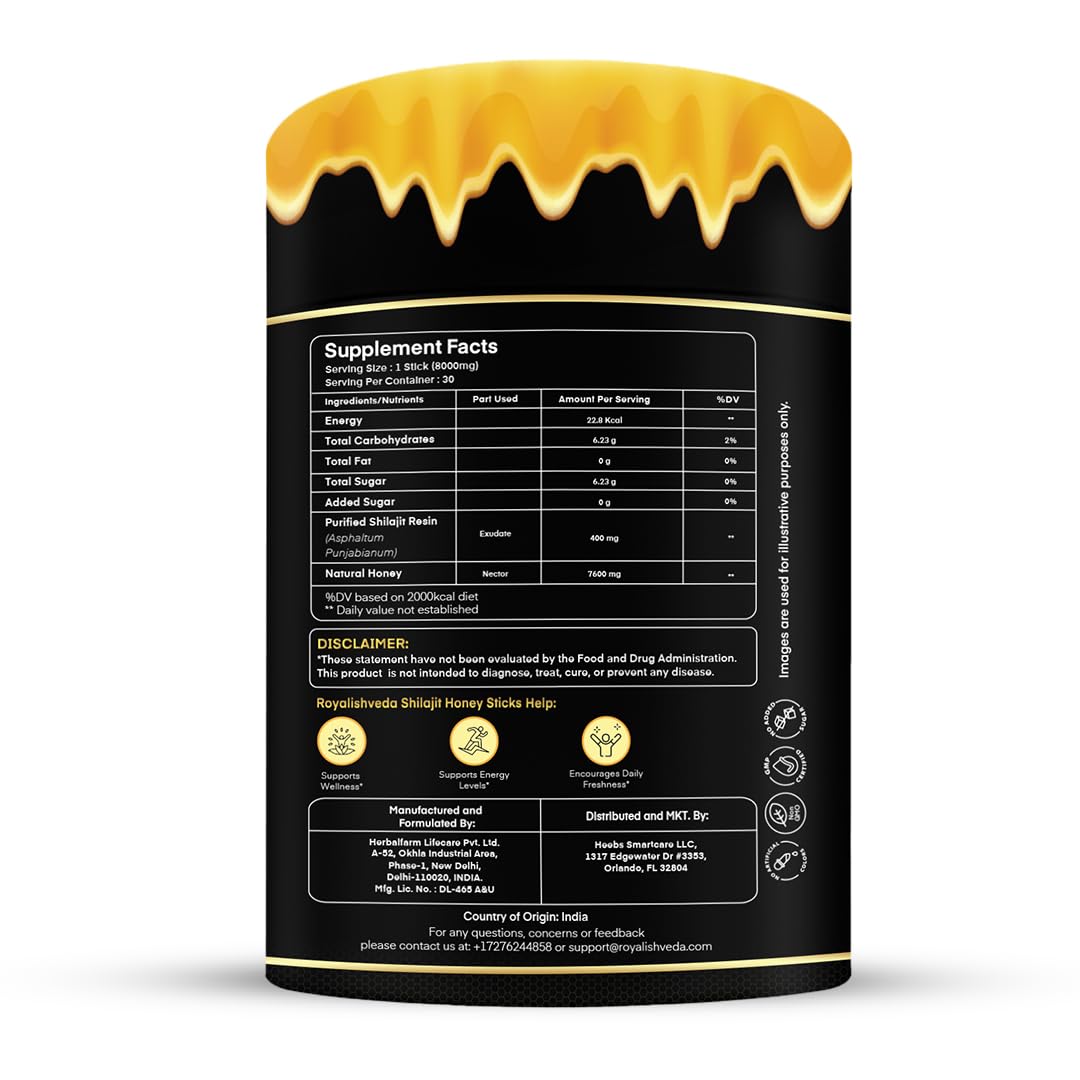 Royalishveda Shilajit Sticks with Honey | 75% Fulvic Acid | Easy-to-Use | 30 Sticks for Stamina, Energy Boost & Immune Support (Pack of 1)