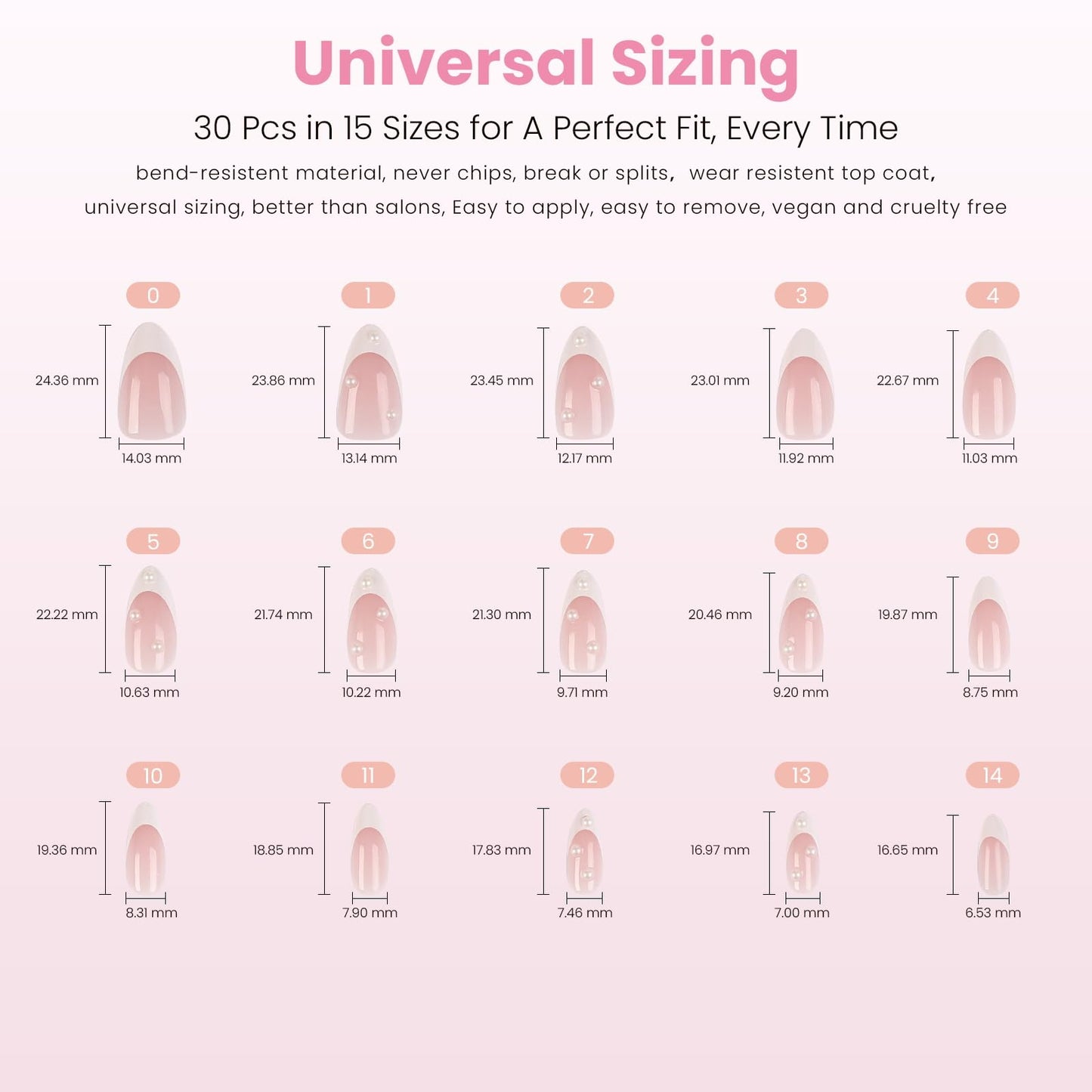 Nail Reformation Press On Nails, Sugar-Coated | Pink Medium Almond Fake Nails in French Tip with 3D Pearls in a Glossy Finish, Reusable Stick On Nails in 15 Sizes - 30 False Nail Kit for Women Gifts